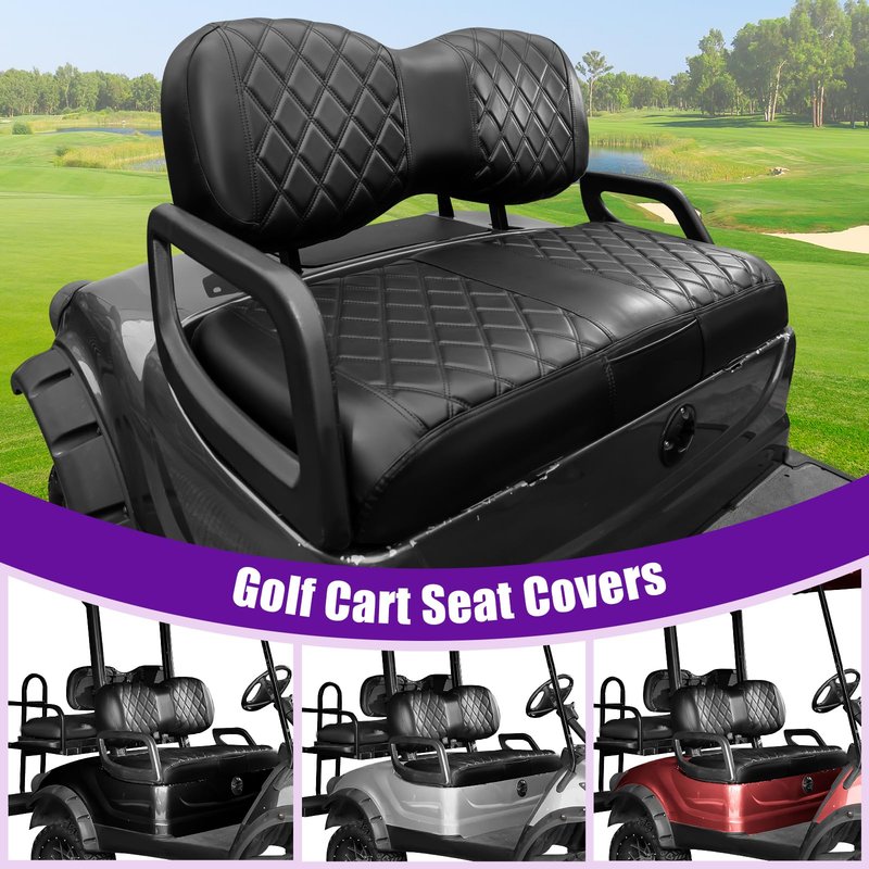 PZWLI 4PCS Golf Cart Seat Covers Kit with Pocket,Front and Rear Vinyl Replacement Seat Cover for Yamaha Drive/Drive2 Standard Cushion,No Stapler, Black