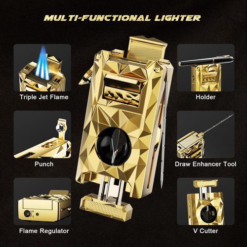 Triple Torch Lighter 5-in-1 with Cutter, Punch, Holder, Draw Enhancer Tool, Windproof Jet Flames, Gifts for Men, Multi-Functional Accessories, Butane Refillable All-in-1 Lighter for Travel, Outdoors