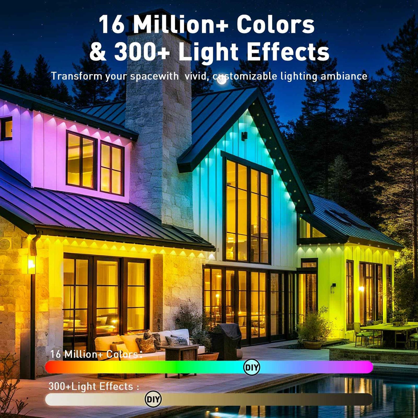 YIBULAYIN 100FT Permanent Outdoor Lights Waterproof, Smart RGB Eaves Lights with App/Remote Control, DIY Scene Modes, LED Outdoor Lighting for Christmas Holidays Daily Party House Roof Lighting