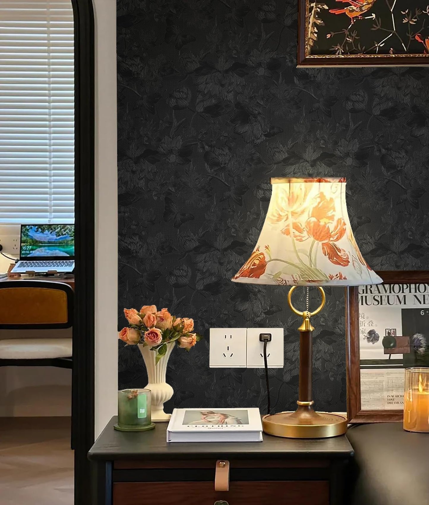 lenify Black Peel and Stick Wallpaper Black Floral Wallpaper 15.7inch x 118.1inch Vintage Embossed Textured Contact Paper Embossed Self Adhesive Wall Paper for Cabinets Pure Flower Removable Vinyl