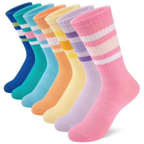Comfoex Girls Crew Socks Kids Athletic Calf Socks 7 Pairs Soft Cotton & Casual Stripe for Children 8-10 10-12 Years Old