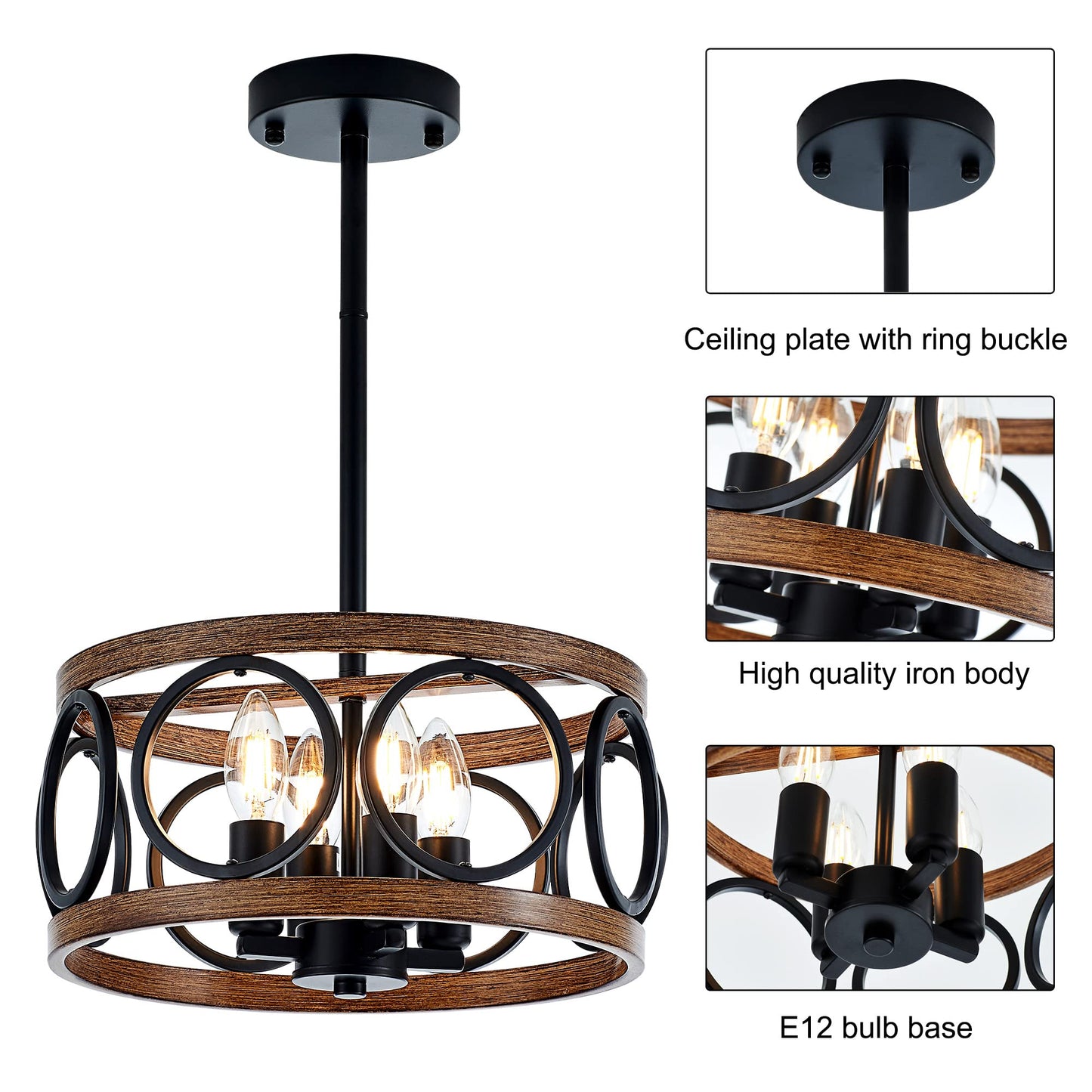 Faibra 4-Light Farmhouse Drum Pendant Light,12.6'' Nature Wood Texture Vintage Rustic Chandeliers Black Metal Industrial Hanging Light Fixtures for Entryway, Bedroom Dining Room