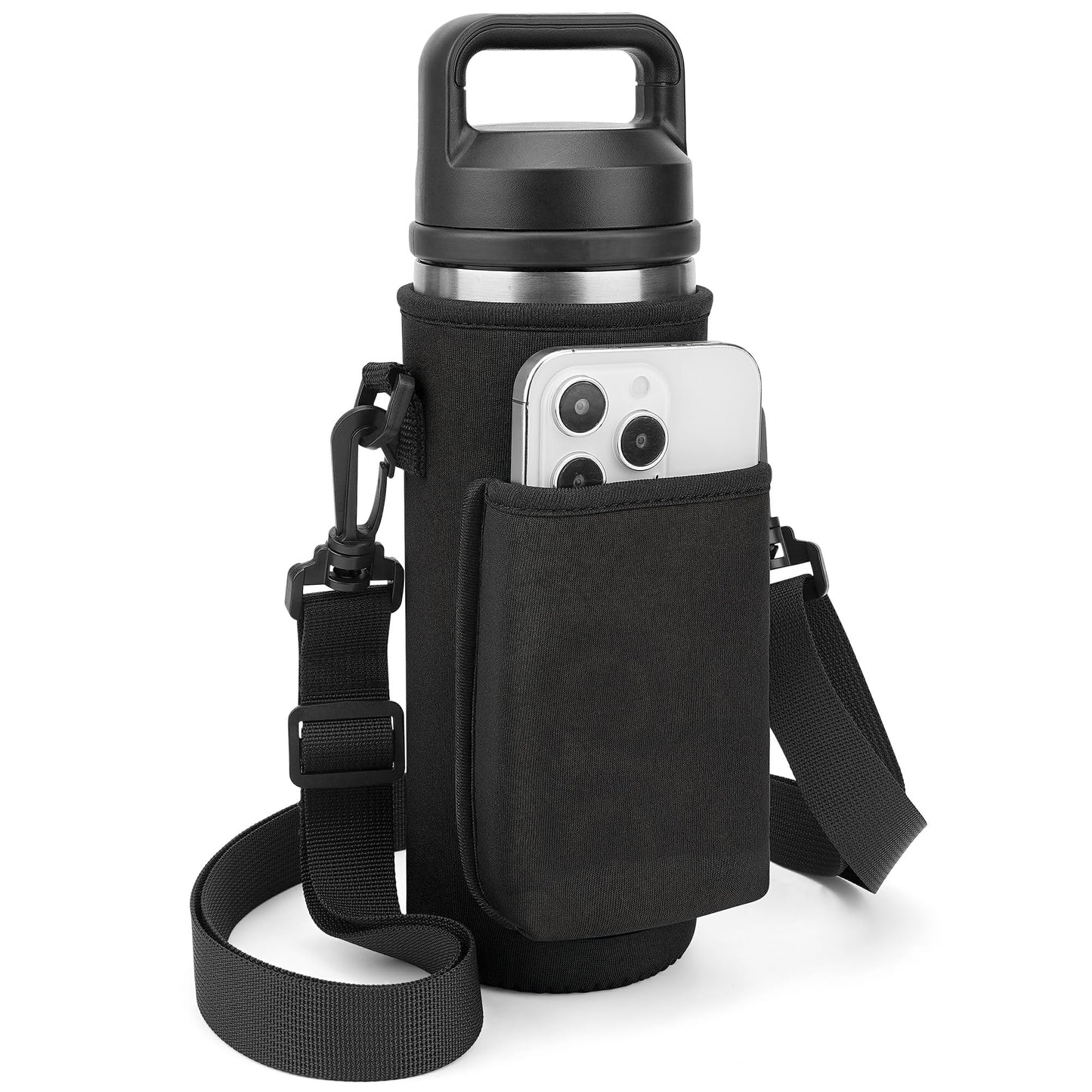 Linkidea Water Bottle Carrier with Strap Compatible with YETI Rambler Bottle 18oz, Yonder 600ml/20oz, Insulated Waterbottle Sling Bag Holder, Shoulder Strap with Phone Pocket (Black)