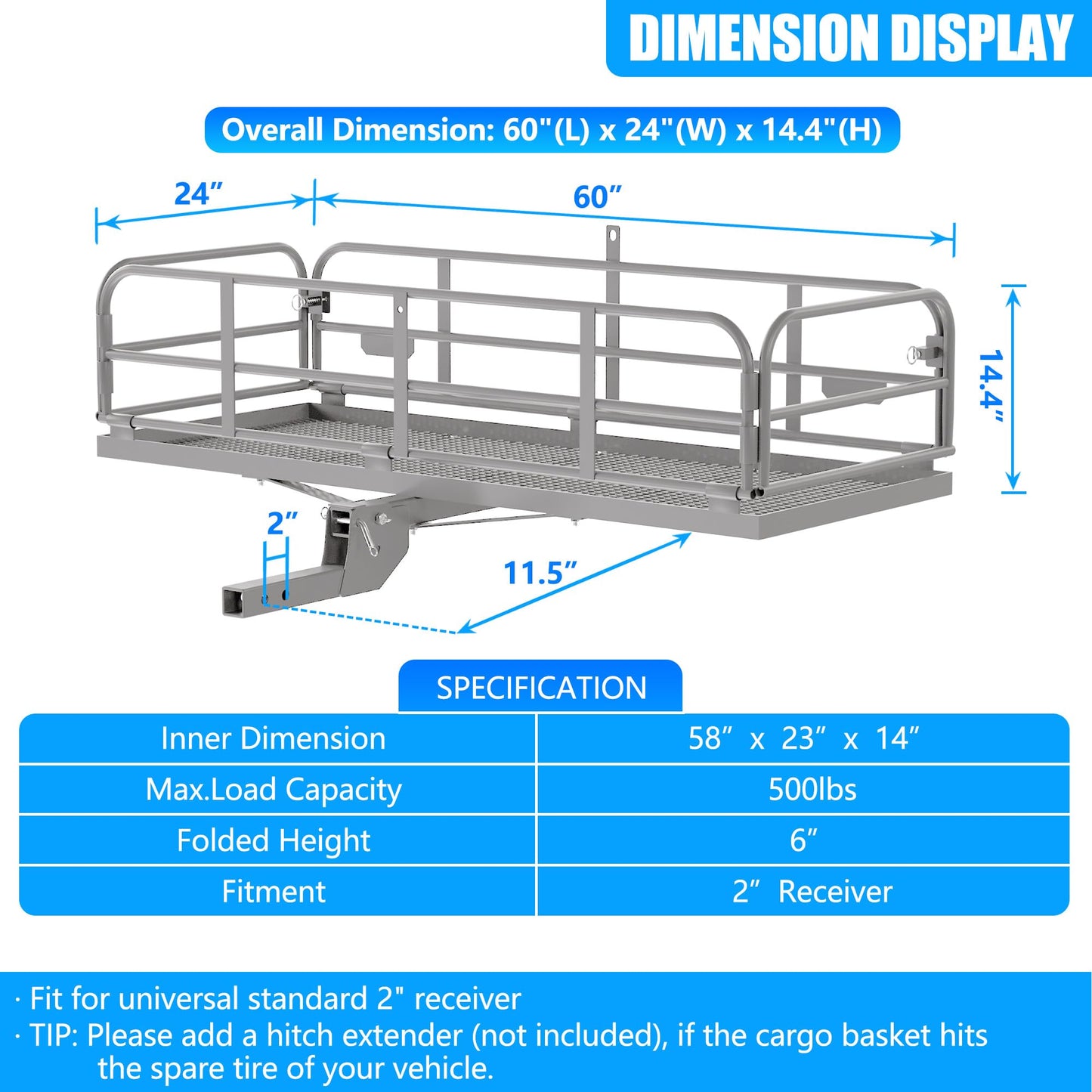 OKLEAD 500 Lbs Heavy Duty Hitch Mount Cargo Carrier 60" x 24" x 14.4" Folding Cargo Rack Rear Luggage Basket Fits 2" Receiver for Car SUV Camping Traveling (Silver)