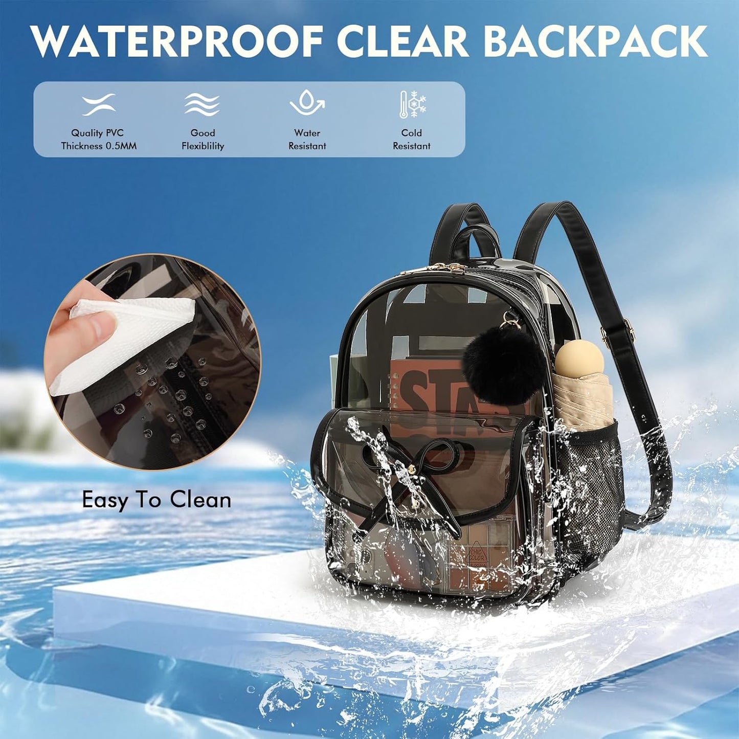 Skiennix Clear Backpack - Stadium Approved 12x12x6 PVC Bag with Stylish Leather Trim for Women