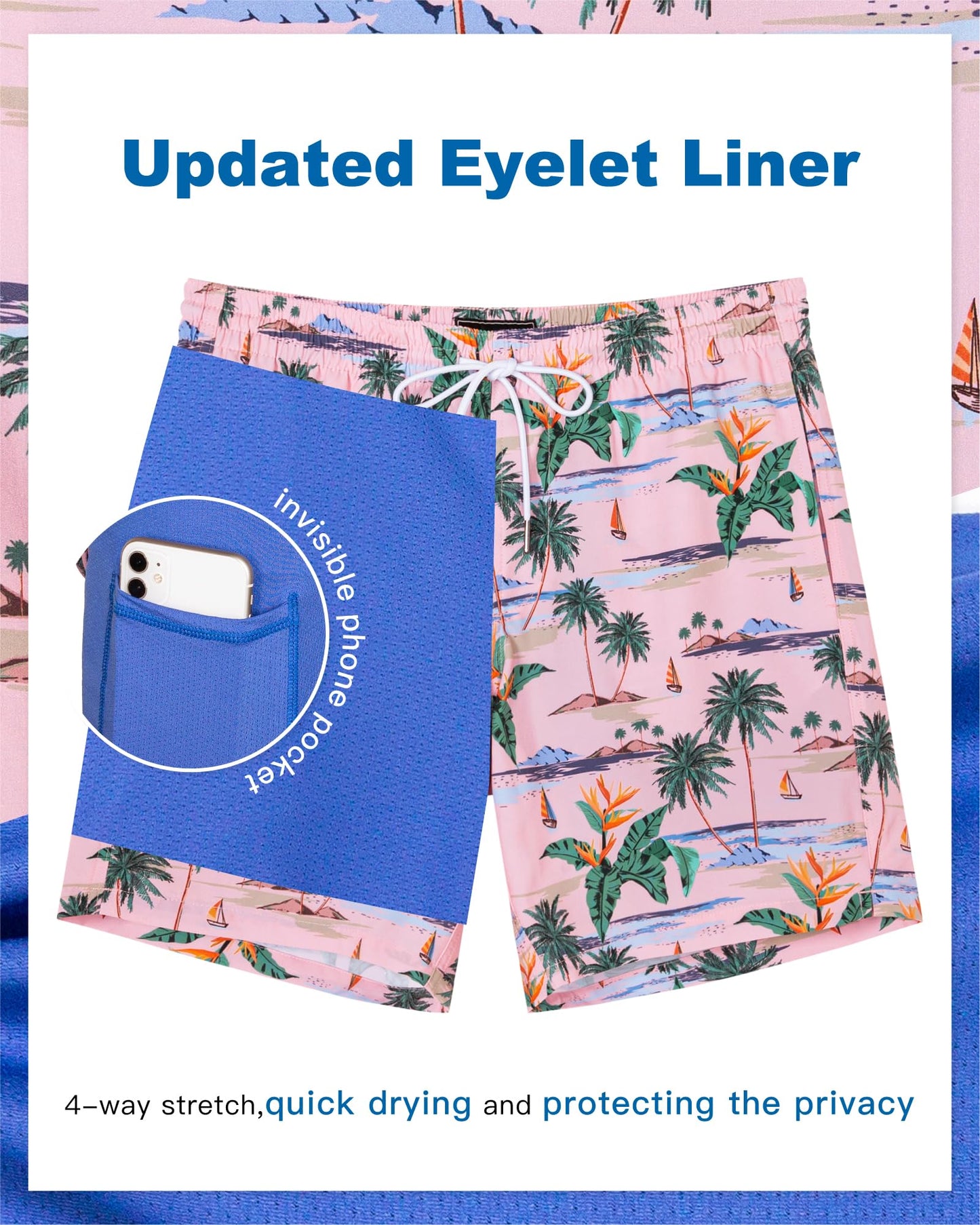 SURF CUZ Mens Swim Trunks with Compression Liner Quick Dry Swim Shorts 7" Swimming Trunks Stretch Bathing Suit 7 Inch,Pink Blue Sea,M