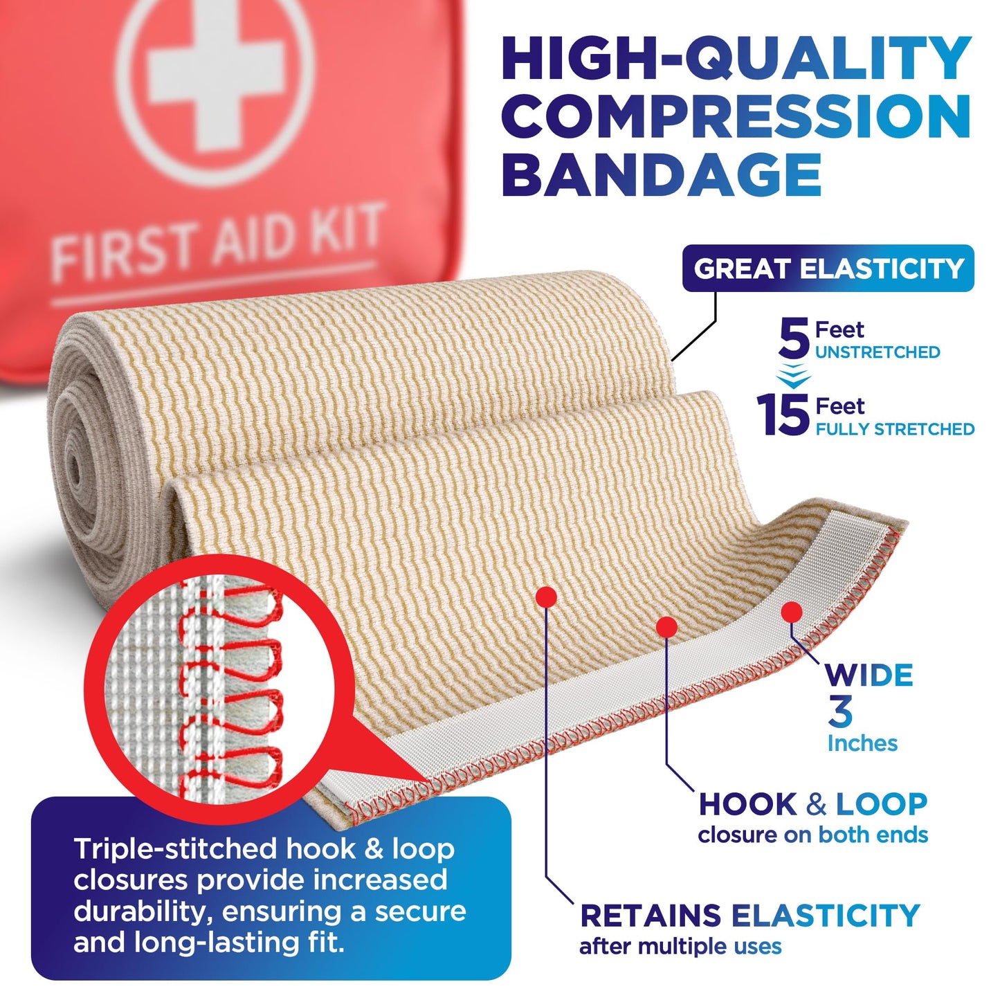 Premium Elastic Bandage Wrap - 3” (10pk) - Strong Compression for Sprains - Self-Closing Reusable Bandages for Legs and Arms - Wrist, Elbow, Foot, Knee Wrap - First Aid Kit and After Surgery Recovery