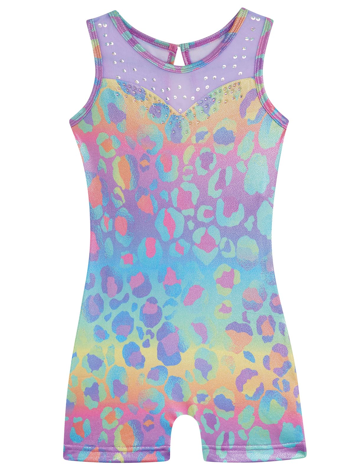 HOZIY Girls Leotards for Gymnastics 4t 5t Mesh Neckline with Iridescent Rhinestones Back Cut Out Sleeveless Colorful Leopard Biketard Shorts Tumbling Outfits Toddler Kids Sparkly Shiny