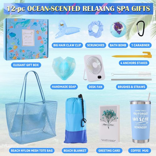 Beferr Mothers Day Beach Gifts Basket for Women, 79" X 83" Beach Blanket Waterproof Sandproof, Beach Mesh Tote Bags, Birthday Baskets for Her Wife Mom Sister Grandma Friend