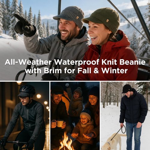TOP-EX DryKnit™ Black Waterproof Wool Blend Beanie with Brim Fleece Lined Winter Cap for Men Women Hiking Cold Weather M/L