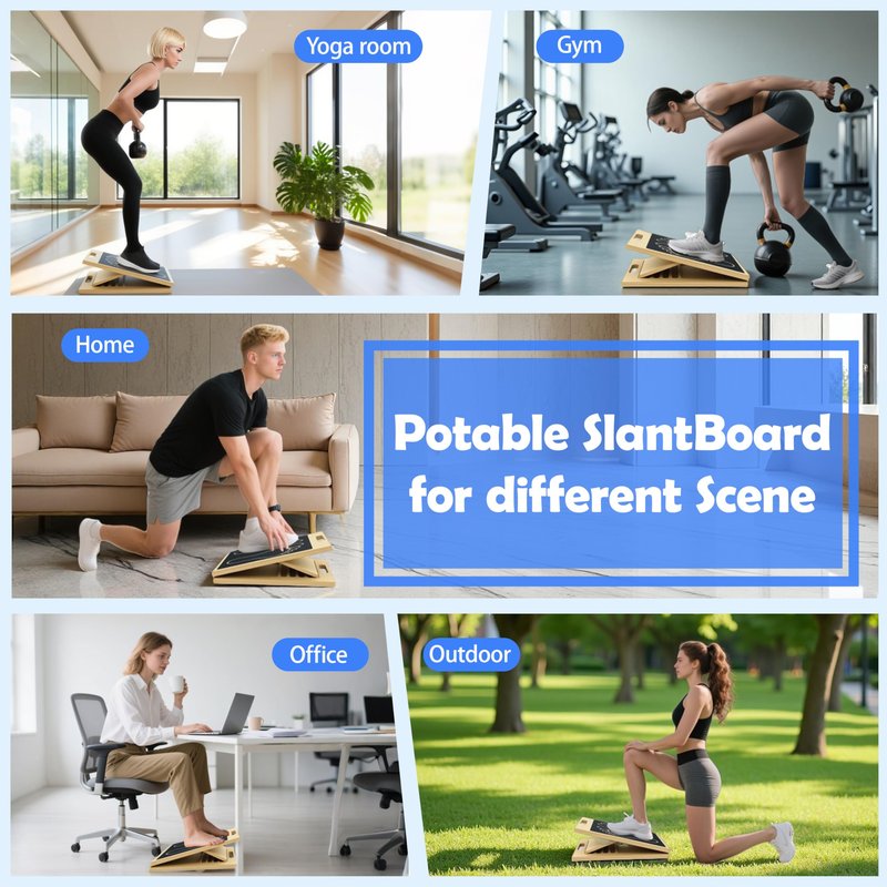 Rwotlls Slant Board for Calf Stretching, 15°/20°/25°/30°/35°/40° Portable Wooden Incline Board, Calf Stretcher & Squat Wedge for Physical Therapy, Knees, Feet, Leg, Ankle, Heel, with Footprint Markings and Training Poster
