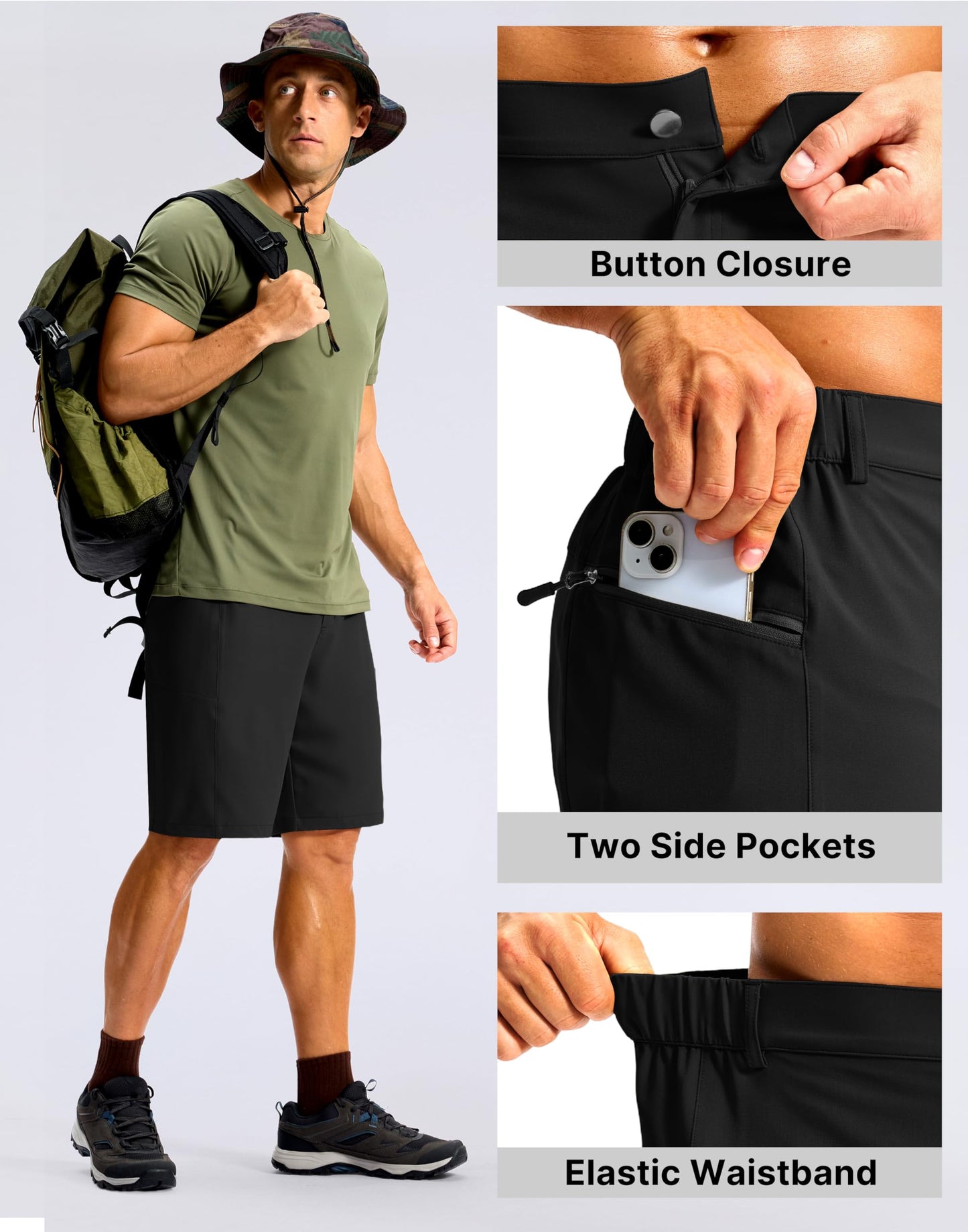 G Gradual Men's Casual Shorts 9" Lightweight Hiking Golf Zipper Pockets Stretch Quick-Dry Breathable Shorts for Travel Work Summer Black