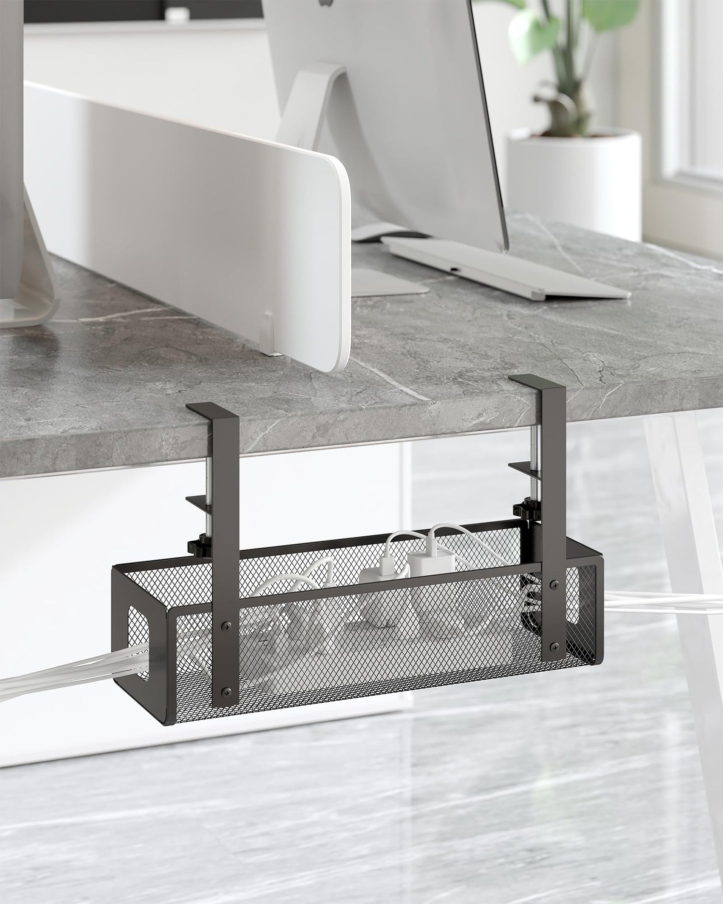 Yecaye Cable Management Under Desk Tray – No Drill Cord Management Under Desk with Dual-Direction F-Clamp, Mesh Design Wire Organizer Tray for Office and Home,Black