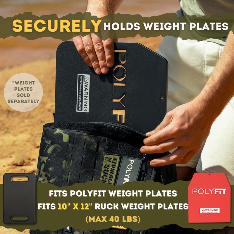 Polyfit Rucking Backpack 2.0 - Weighted Ruck Pack for Weight Plates - Patent Pending Side-Loading Rucksack for Walking, Running, Rucking, Strength and Endurance Training - Black