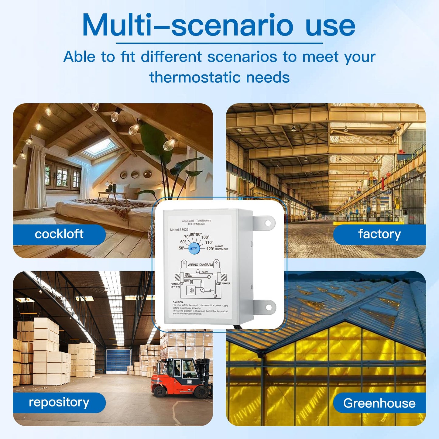 58033 Single Speed Adjustable Thermostat for Lomanco Lomancool 2000/1800 Series and F0510B2944, 9800527, 99080267 Power Vent Attic Fan, Temperature Control Range 50°F-120°F (10°C-48.89°C)