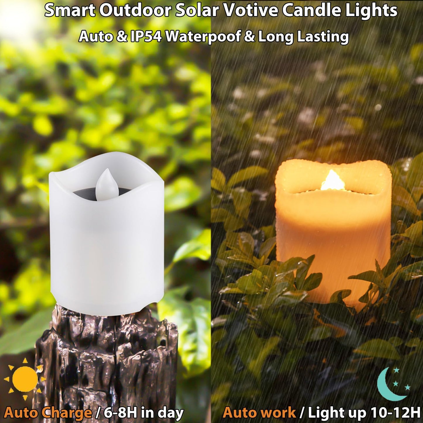 Solar Candles Outdoor Waterproof, 4pcs Rechargeable Dusk to Dawn Little Votive Candles, Flameless Flickering Solar Tea Lights for Patio Yard Deck Pathway Window Outdoor Lantern Decor(Warm Amber)