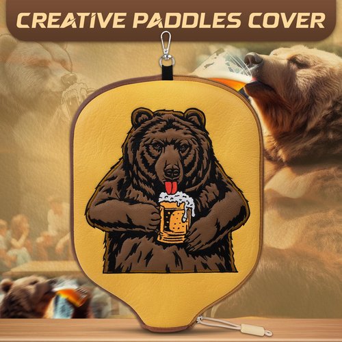 Big Crazy Pickleball Paddle Cover - Leather Case With Hangable Hook, Zipper for Paddle Protection - Bear Design - Gift for Players
