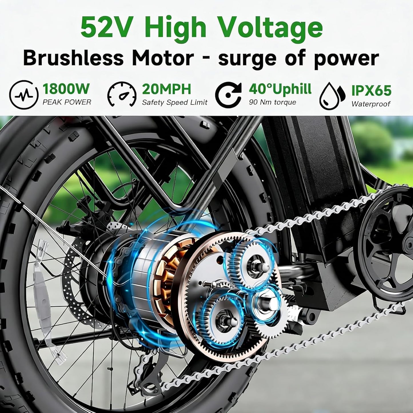 **Skiennix 1800W Electric Bike - 52V Removable Battery, 86 Miles Range, Foldable Fat Tire, 7-Speed | Max 330LBS**