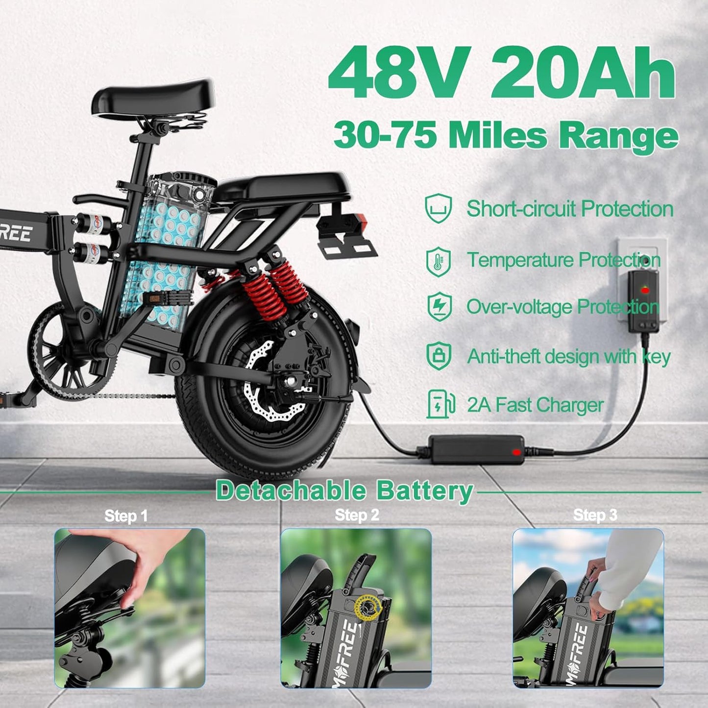 Tomofree Folding Electric Bike - 750W Peak Power, 20-24MPH, 48V 20AH Battery | 35-75 Miles Range, 14" Fat Tires