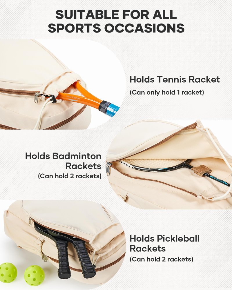 bergsalz Tennis & Pickleball Bag for Women Men, Fits 1 Racket or 2 Paddles, Lightweight Waterproof Tennis Backpack with Shoe Compartment & Wet Pocket For Training, Gym & Travel, Beige Brown