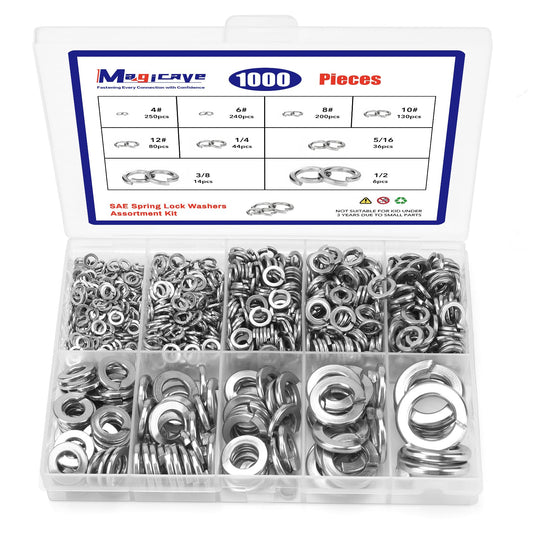 1000 Pcs Spring Lock Washers Assortment Kit – 9 SAE Sizes Split Lock Washers, 304 Stainless Steel Washers for Screws and Bolts (#4, #6, #8, #10, #12, 1/4", 5/16", 3/8", 1/2")