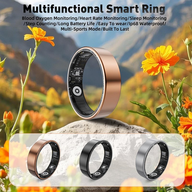 Smart Ring with Sleep Monitoring, Step Counting, Heart Rate, Blood Oxygen, Blood Pressure for iPhone and Android, No Subscription Fee, IP68 Waterproof Health Tracker (Black, 10)
