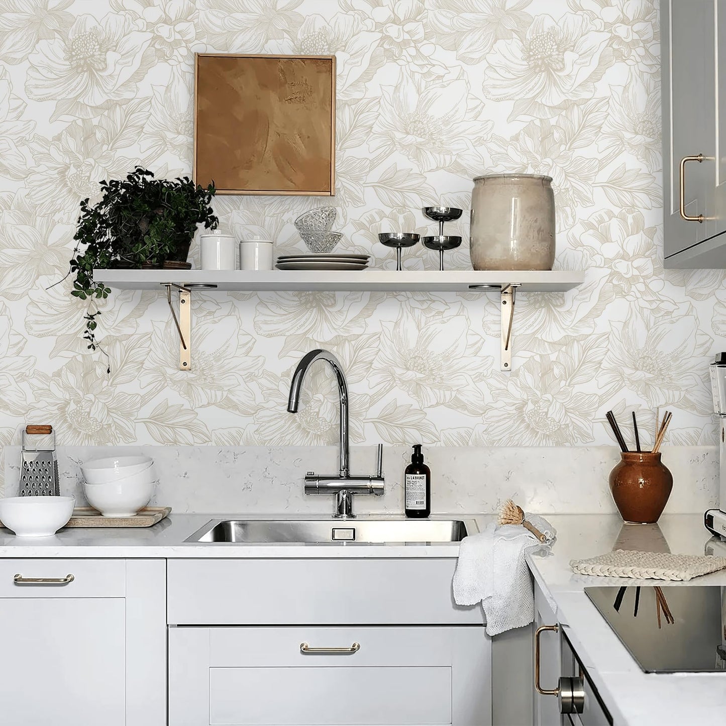 Ismoon Large Floral Peel and Stick Wallpaper Boho Beige Contact Paper 17.3inx6.5ft Neutral Wall Paper Removable Self Adhesive Wallpaper Bedroom Cabinet Bathroom Waterproof Mural Wall Decor Vinyl Roll