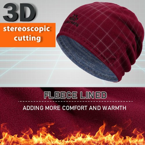 3 Pack Reversible Winter Fleece Lined Beanie Hats for Men Women Warm Windproof Cotton Stretchy Knitted Skull Caps