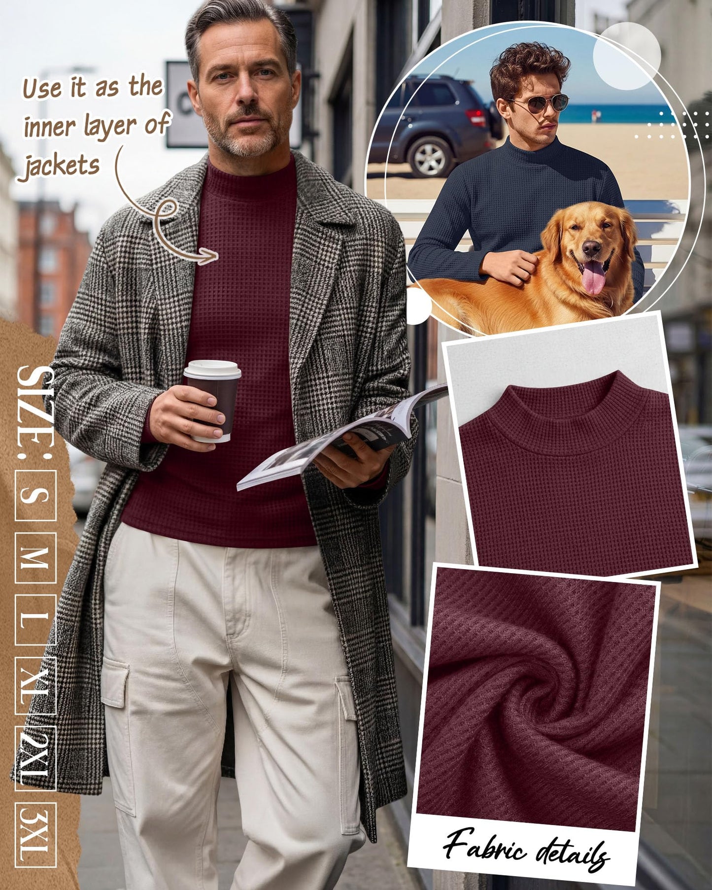 August Alley 3 Pack Men's Waffle Thermal Shirts Long Sleeve Mock Turtleneck Underwear Tops Pullover Undershirts Base Layer(Black, Navy Blue, Wine Red,Large)