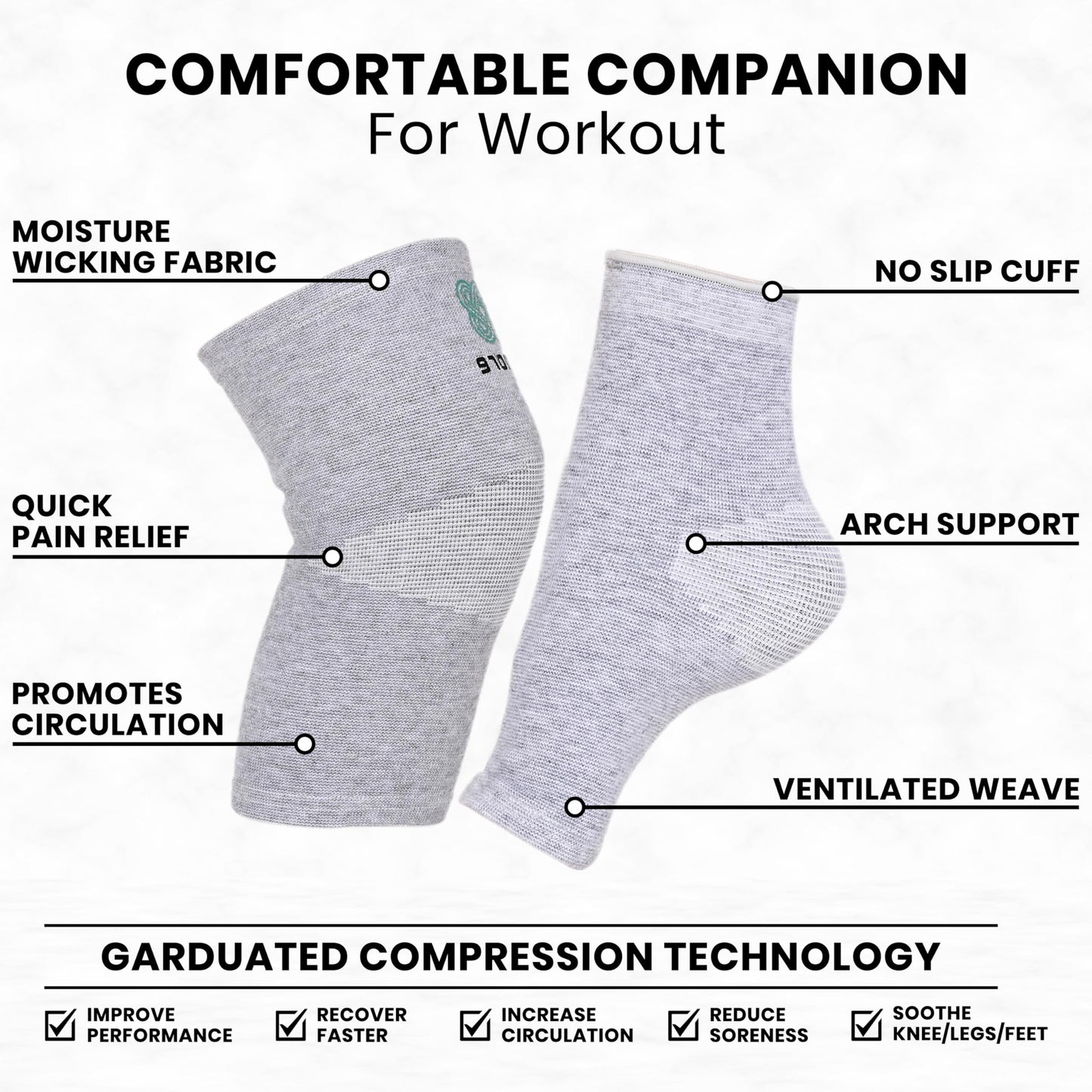 Bamboo Knee Compression Sleeve & Bamboo Compression Ankle Support Combo for Men and Women Knee Pain, Gym, Running, Basketball, Meniscus Tear, Sports, Joint Pain Relief, Injury Recovery (X-Large) (Knee Thigh 18-20inch)