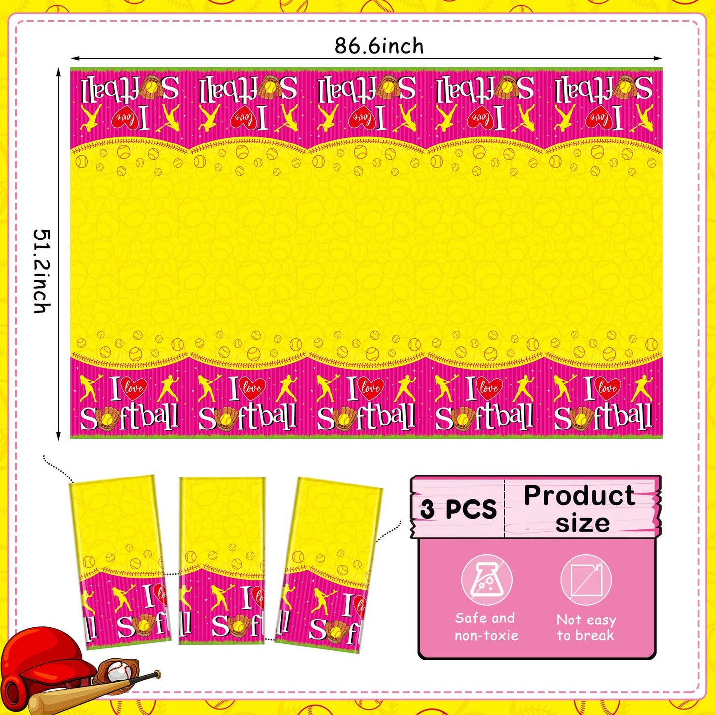 Jecery 3 Pcs Softball Tablecloth Party Decorations Softball Rectangle Plastic Outdoor Table Cloth Tablecloth Waterproof Table Covers for Sport Theme Birthday Dining Party Supplies, 51 x 86 Inches