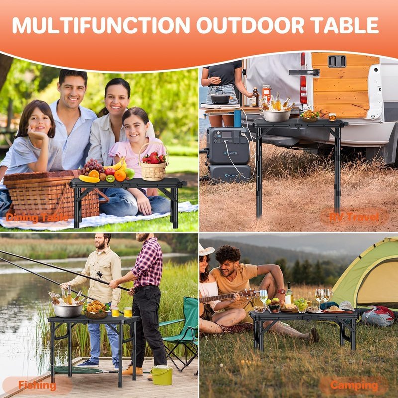 FUNYKICH 2ft Small Folding Camping Table(22.8'' Lx15.7'' W), 3 Height Adjustable Portable Picnic Table, Lightweight Aluminum Outdoor Table with Carry Handle for Camping, BBQ, Beach, Picnic, Black