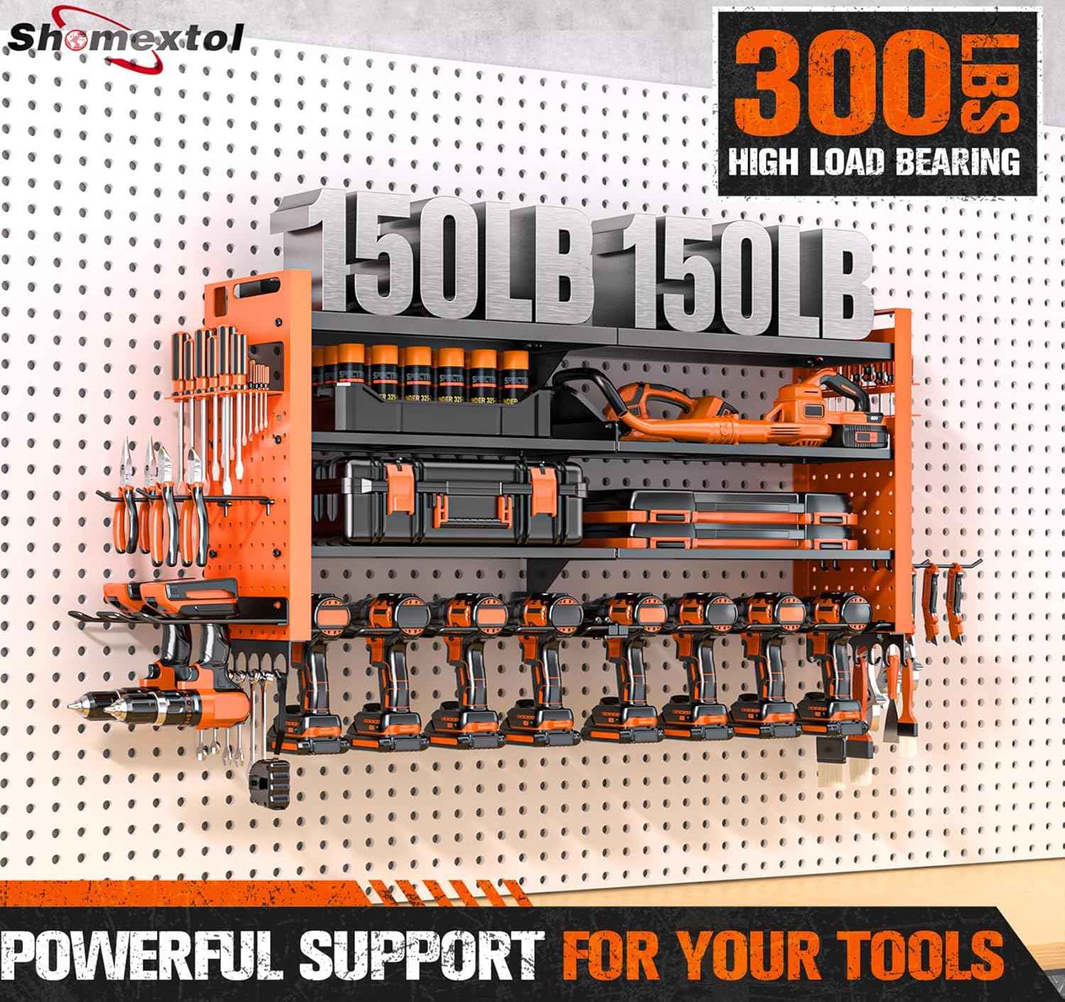 Heavy Duty Wall Mount Power Tool Organizer with Charging Station & 10 Drill Holders
