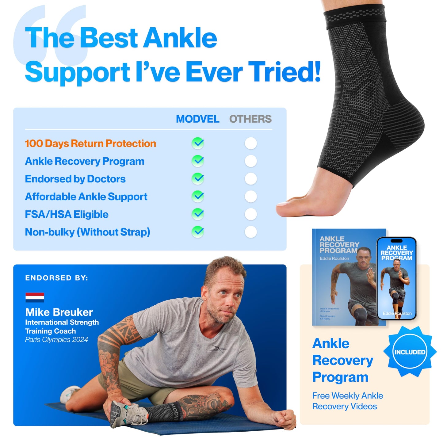 Modvel Foot & Ankle Brace Socks for Sprained Ankle Compression Sleeve - Plantar Fasciitis Relief Brace, Foot Support for pain Women & Men - Tendonitis & Arthritis Feet Sleeve, Stabilizing Ankles Wrap