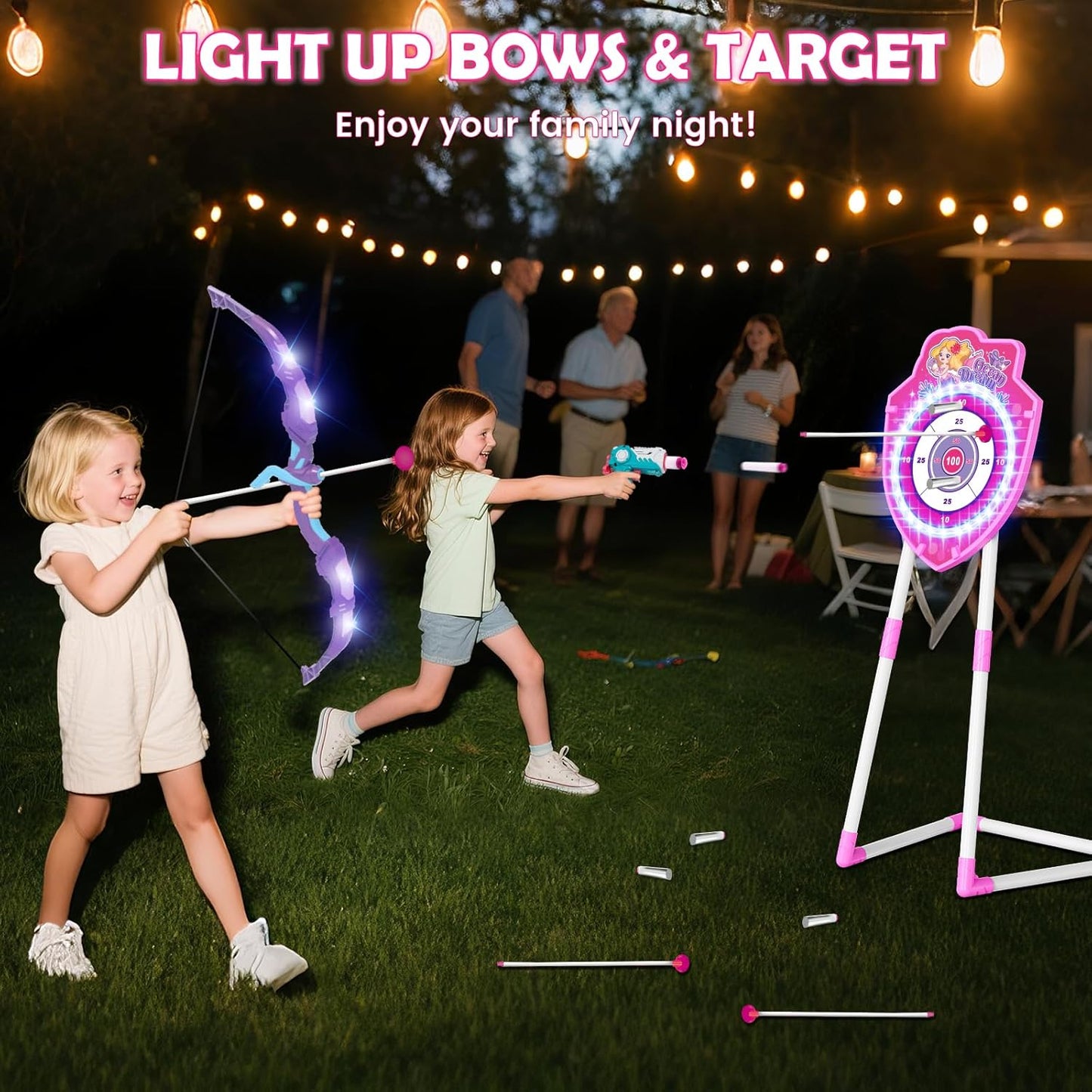 VATOS Bow and Arrow Toy Set - 4-in-1 Archery & Dart Game with LED Light, 20 Suction Cup Arrows & Glow Target | Indoor/Outdoor Fun for Kids Ages 5-12