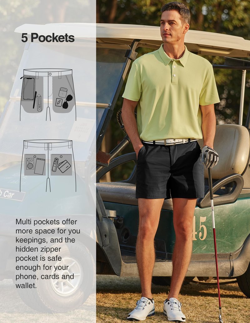 PULI Golf Shorts Men Relaxed Fit Stretch Dress Lightweight Casual Waterproof Travel Quick Dry Flat Front Shorts Black 34W×5L