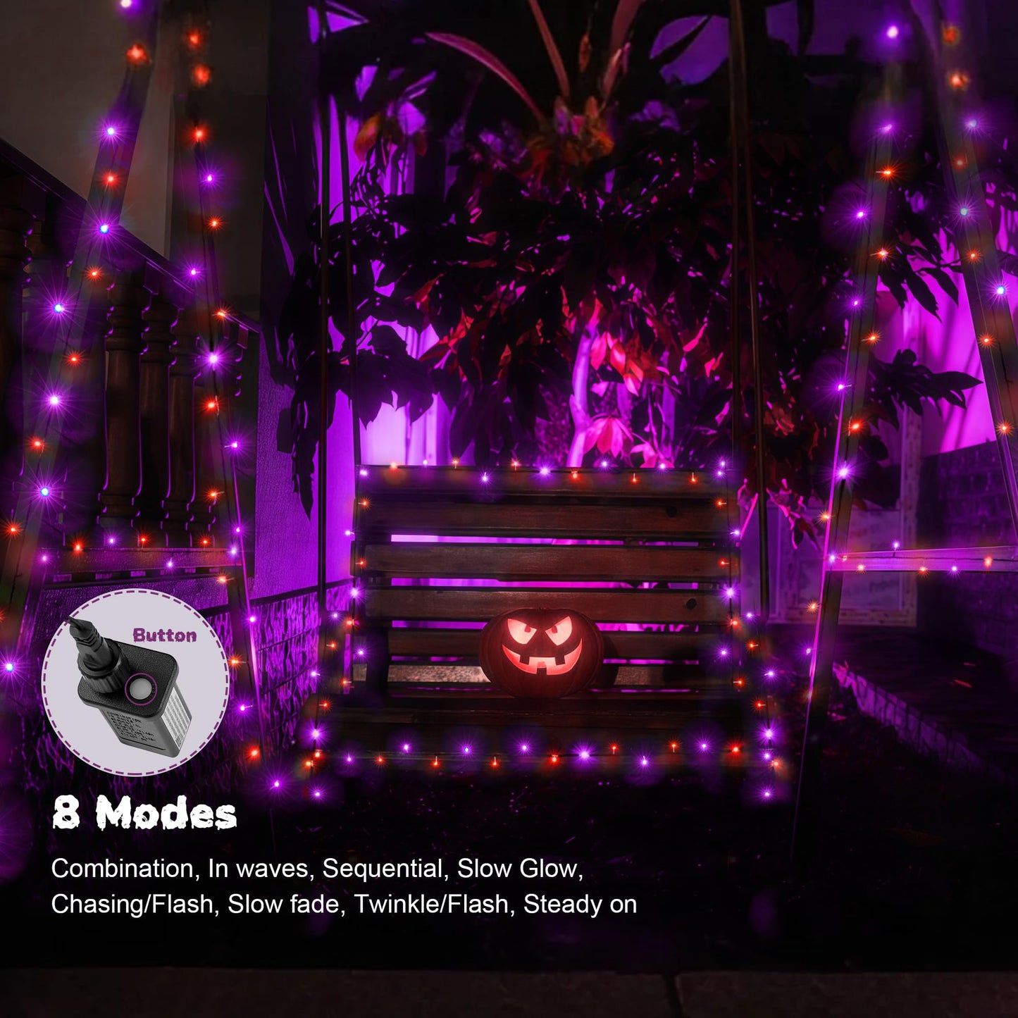 WBao Halloween Lights Orange Purple 300LED 108ft Super Bright String Lights, UL Certified, 8 Lighting Modes, Timer, Connectable, Memory & Waterproof for Indoor Outdoor Halloween Decorations
