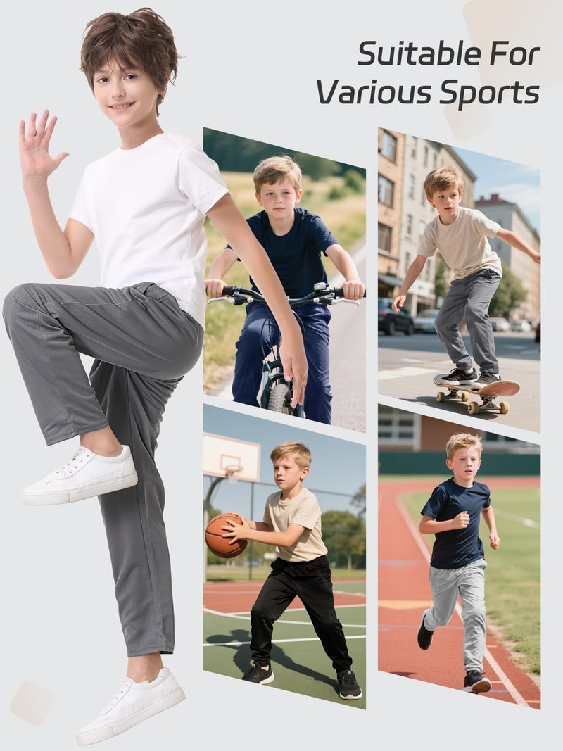 4 Pack Boys Mesh Athletic Pants, Lightweight Pants with Pockets and Drawstring, Thin Open Bottom Active Pants for Boys Black, Navy, Gray, Ash Gray Set A L
