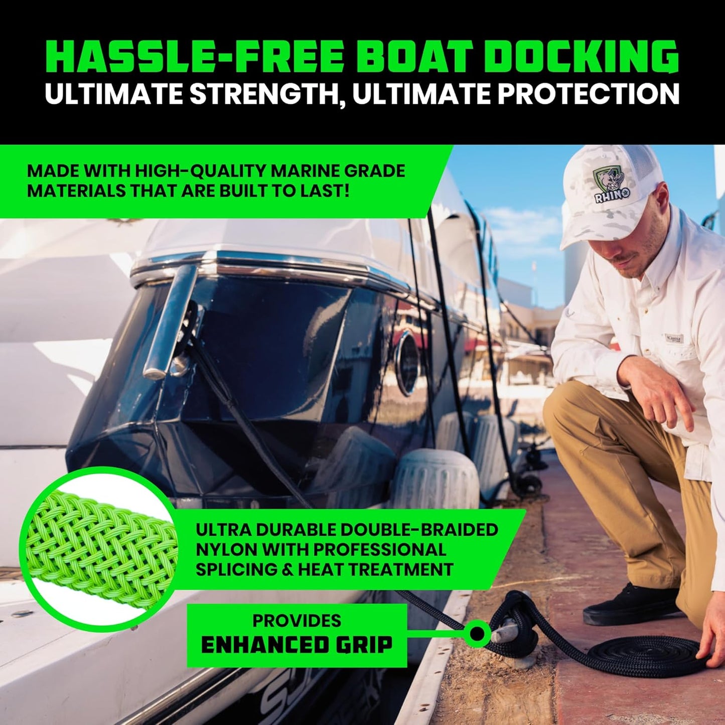 Rhino USA Dock Lines - Heavy Duty 1/2" x 16' Marine Grade Rope for Boats, Kayaks & Pontoons | Black