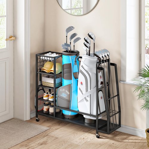 HOOBRO Golf Bag Storage Garage Organizer, Golf Bag Storage Stand Fits 2 Golf Bags and Golf Equipment Rack with Wheels, Extra Storage Rack for Garage, Club, Basement, Black BK49CJ01