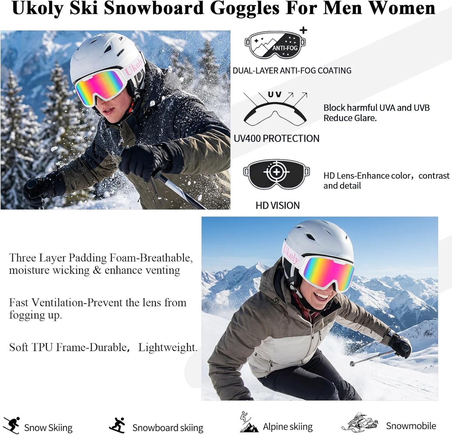 Ukoly Ski/Snowboard Goggles - HD Anti-Fog Lens, UV400 Protection, OTG Design for Men & Women