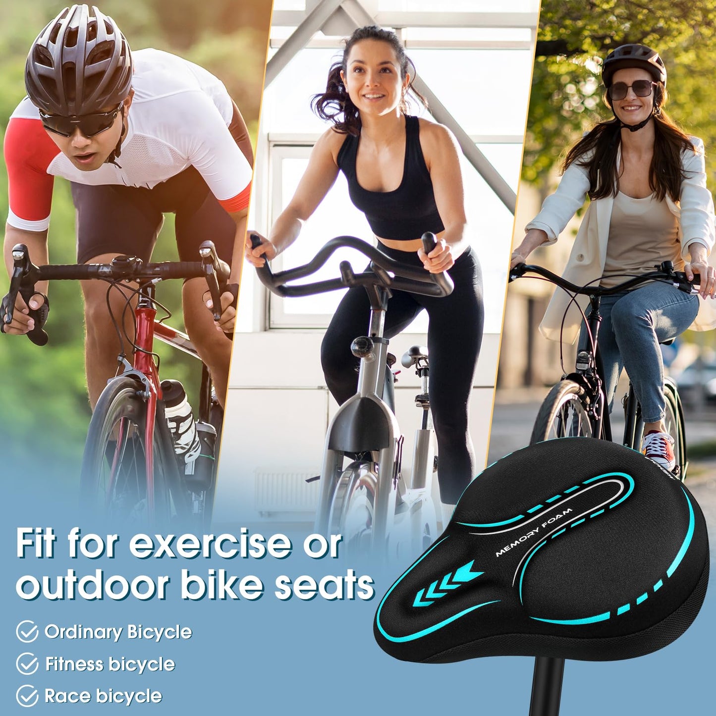 MSDADA New Large Gel Bike Seat Cover, Extra Soft Bike Seat Cushion for Men Women Comfort Wide, Fits Indoor/Outdoor/Exercise Bikes,Light Blue(11inch x 10 inch)