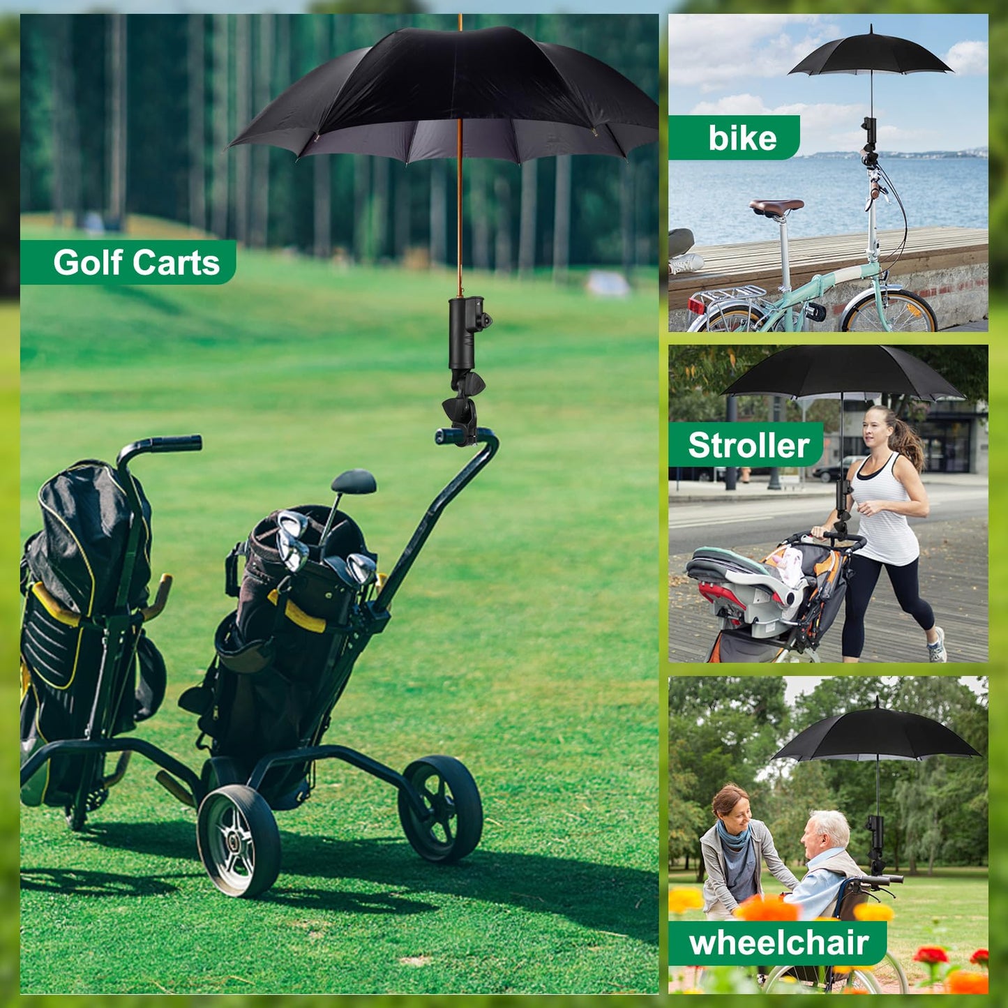 CALEPTONG Golf Push Cart Umbrella Holder - 2 Packs 180 Degrees Adjustable Stroller Umbrella Attachment, Universal Holder for Chair/Golf Cart/Stroller/Wheelchair/Bike with Round Frames
