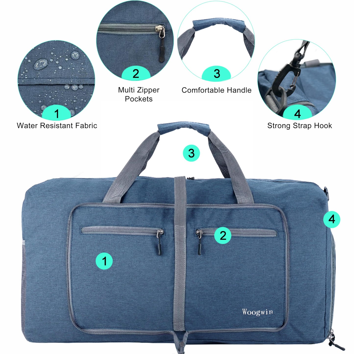 Woogwin Travel Duffel Bag Large Foldable Waterproof Overnight Bag for Beach Swim Bags Pool Sports Gym (60L SnowDarkblue)