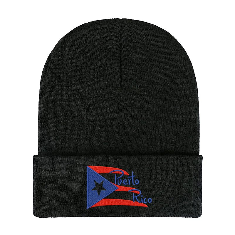 Yuawoi Puerto Rico Flag Embroidered Winter Beanie, Casual Stretch Knit Skull Cap Black