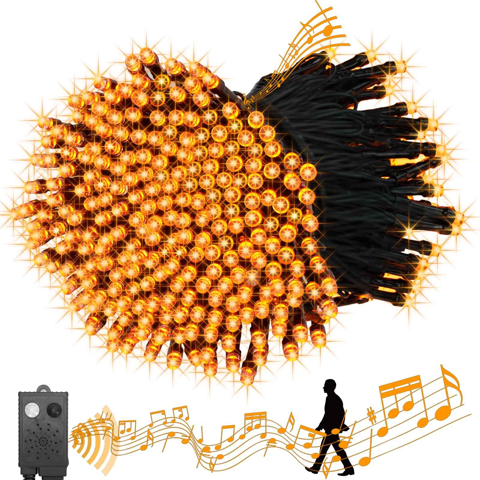 DOTWAYAW 400 LEDs Halloween LED String Lights with Spooky Music and Motion Sensor - Outdoor Waterproof Orange Lights with Sounds for Halloween Thanksgiving and Christmas Decoration