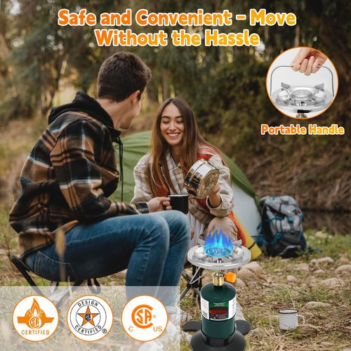 Camping Stove Propane, Portable Backpacking Cooker with Single Burner, Adjustable Flame, Foldable Base, Camp Stove Kit for Outdoor Cooking, Hiking, Emergency Essential (Fuel not Included)