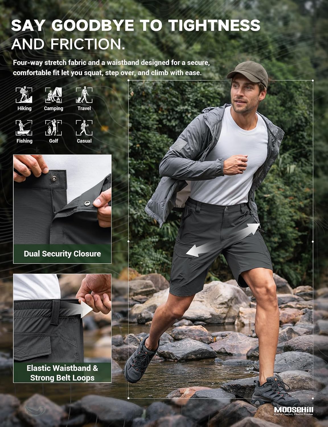 Moosehill Men's Hiking Shorts - Lightweight, Quick-Dry, Water-Resistant | 8-Pocket Design for Outdoor Adventures