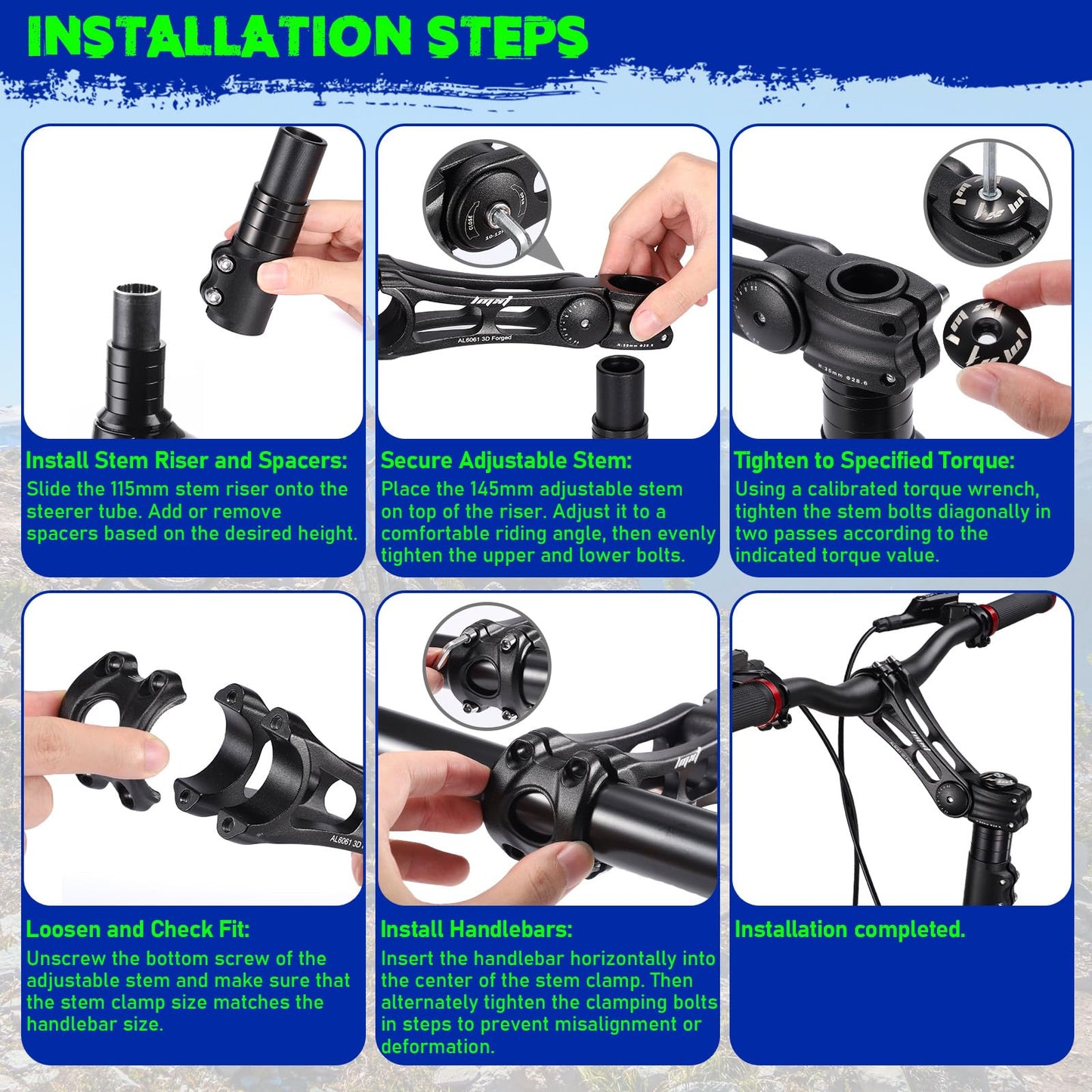 TOBWOLF Bike Stem Riser & Adjustable MTB Bicycle Stem, Universal 31.8mm Bike Stem, ±90 Degree Handlebar Stem for Angle Adjustment, 28.6mm Bike Fork Stem Extender for E-Bike Road Bike BMX Bicycle