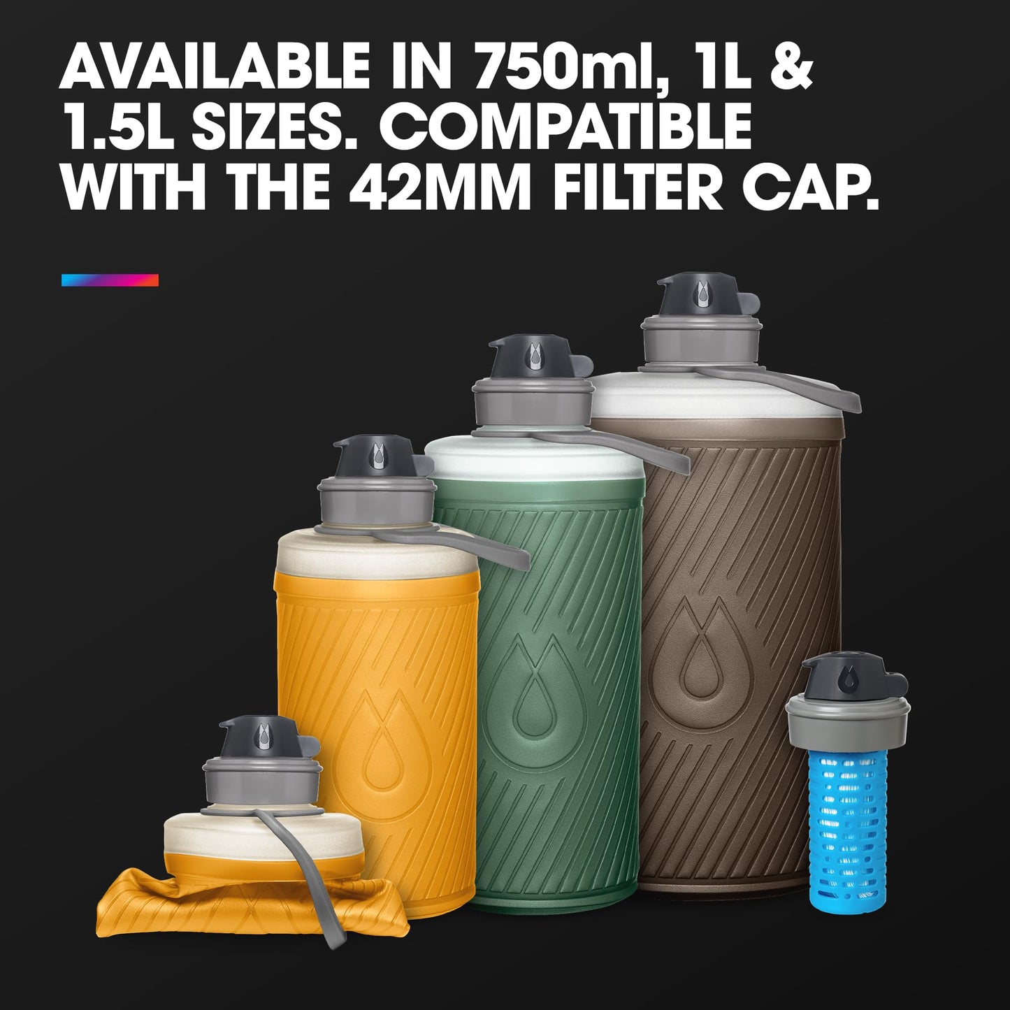 HydraPak Flux - Collapsible Backpacking Water Bottle (1 Liter) - BPA Free, Ultra Light, Spill-Proof Twist Cap - Mammoth Grey